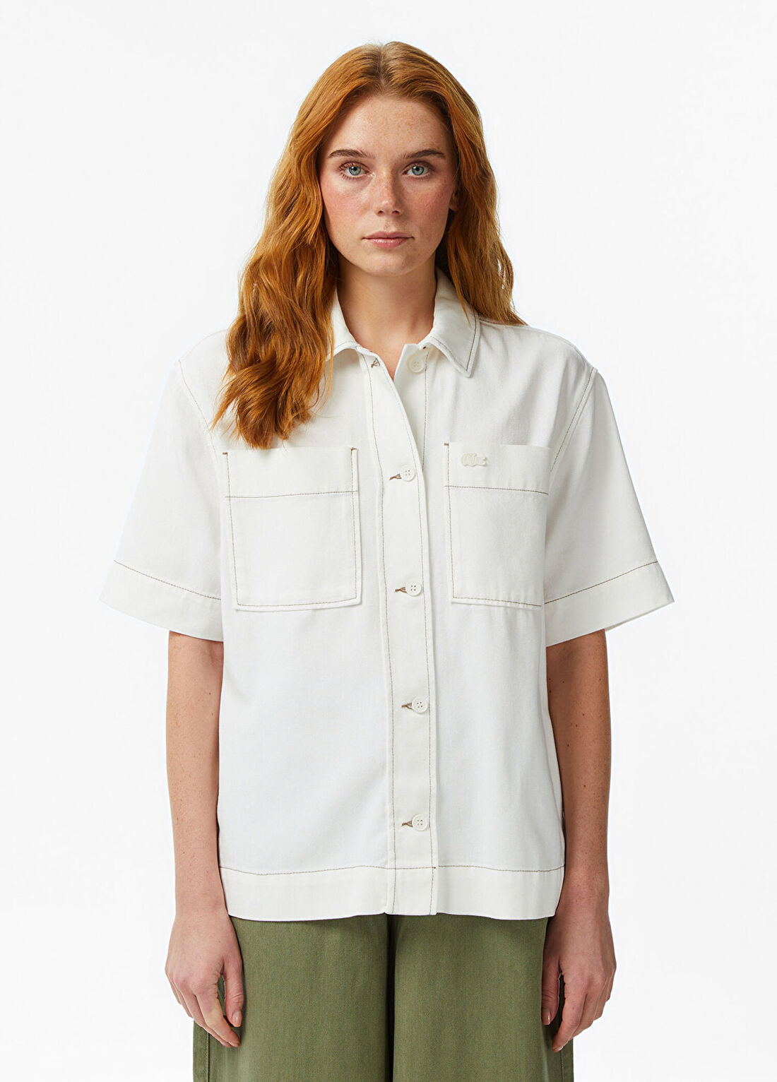 Lacoste Krem Regular Fit Düğmeli Yaka Kısa Kollu Kadın Gömlek
