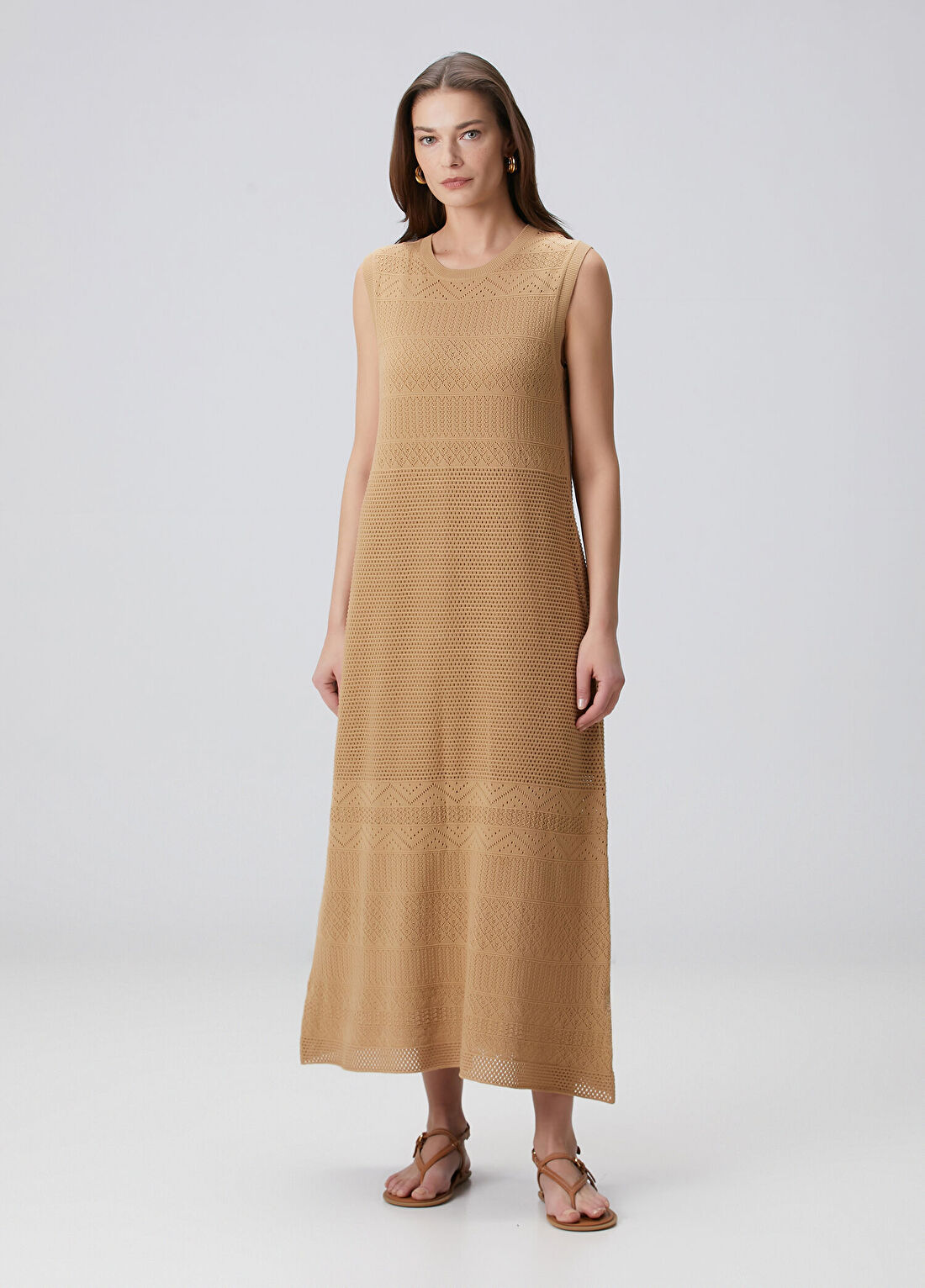 Beymen Collection Bej Ajurlu Midi Koton Triko Elbise görsel 3