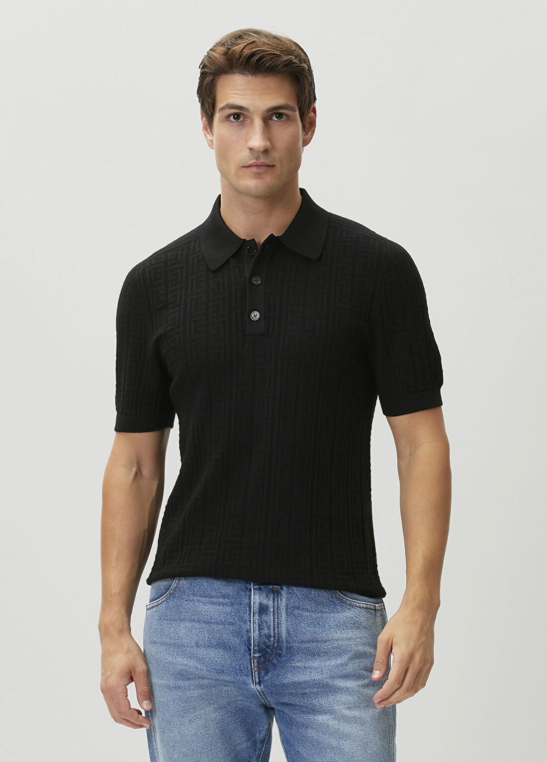 Balmain Siyah Polo Yaka Jakarlı Kısa Kollu Triko