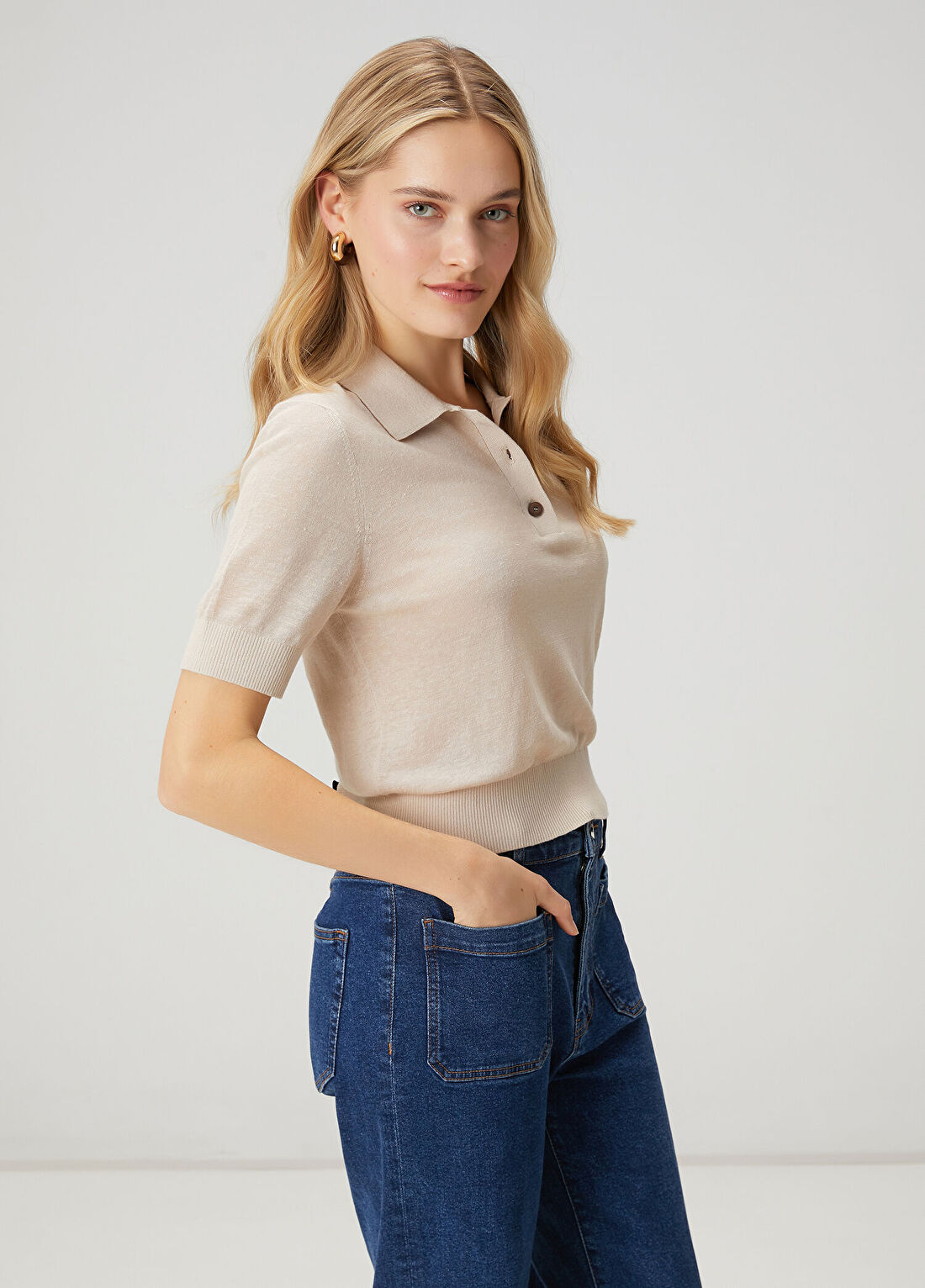 Beymen Club Bej Basic Keten Polo Triko görsel 3
