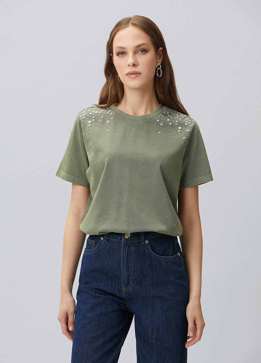 Network Haki Omuz Taş Baskılı T-shirt