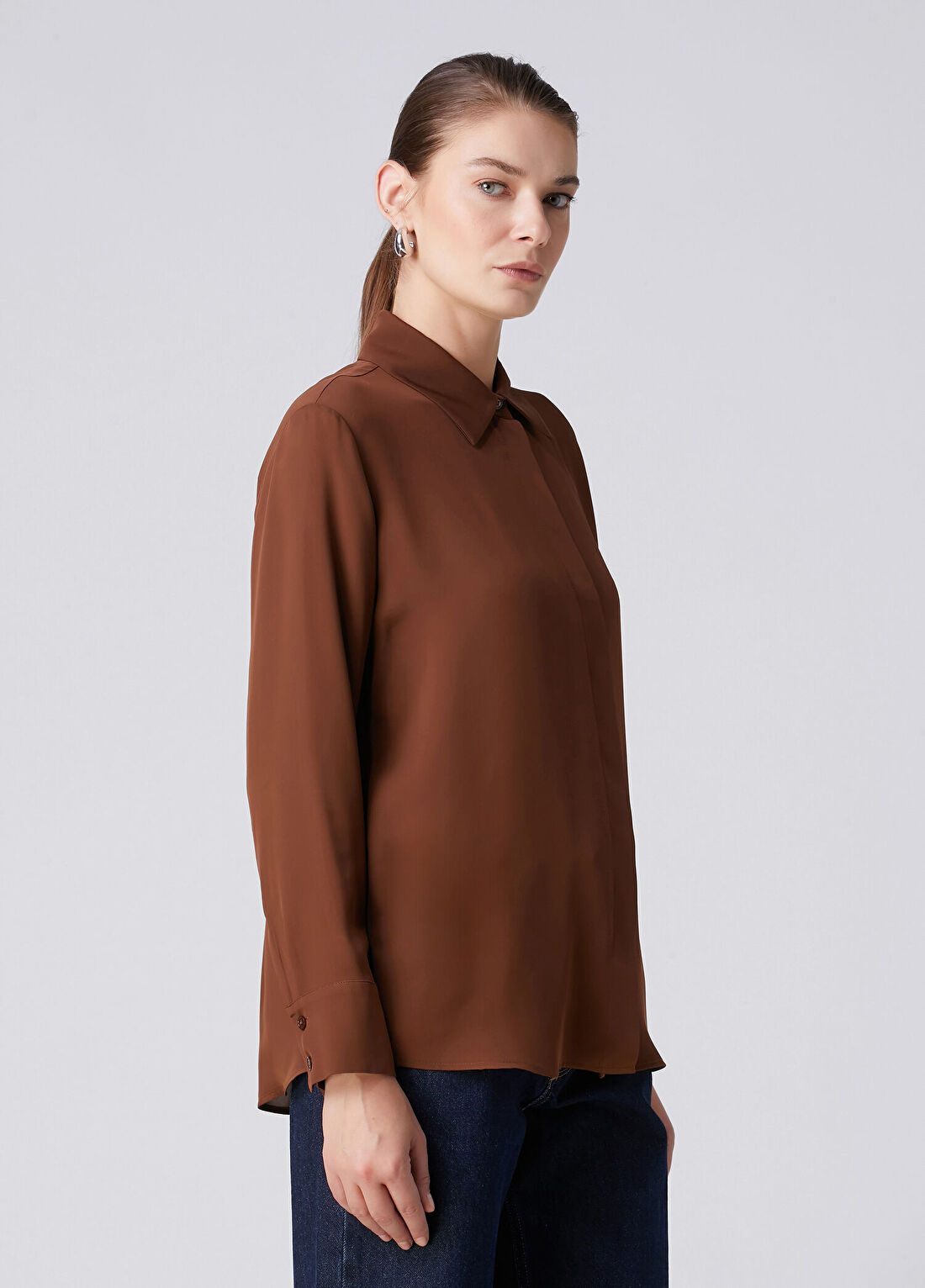 Beymen Collection Kahverengi İpek Gömlek görsel 4