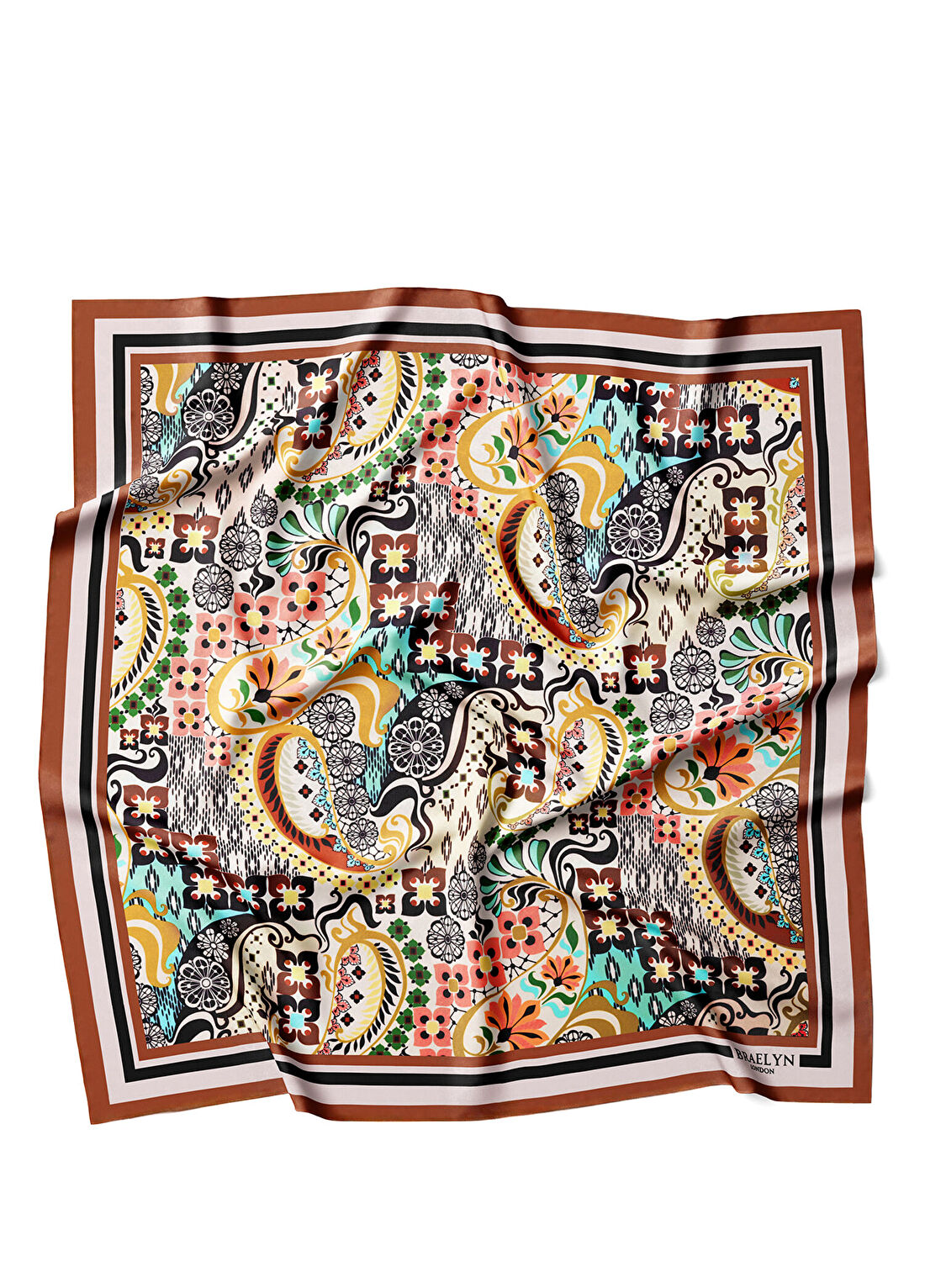 Braelyn London Bohemian Mosaic Turkuaz Sarı Twill İpek Kadın Eşarp