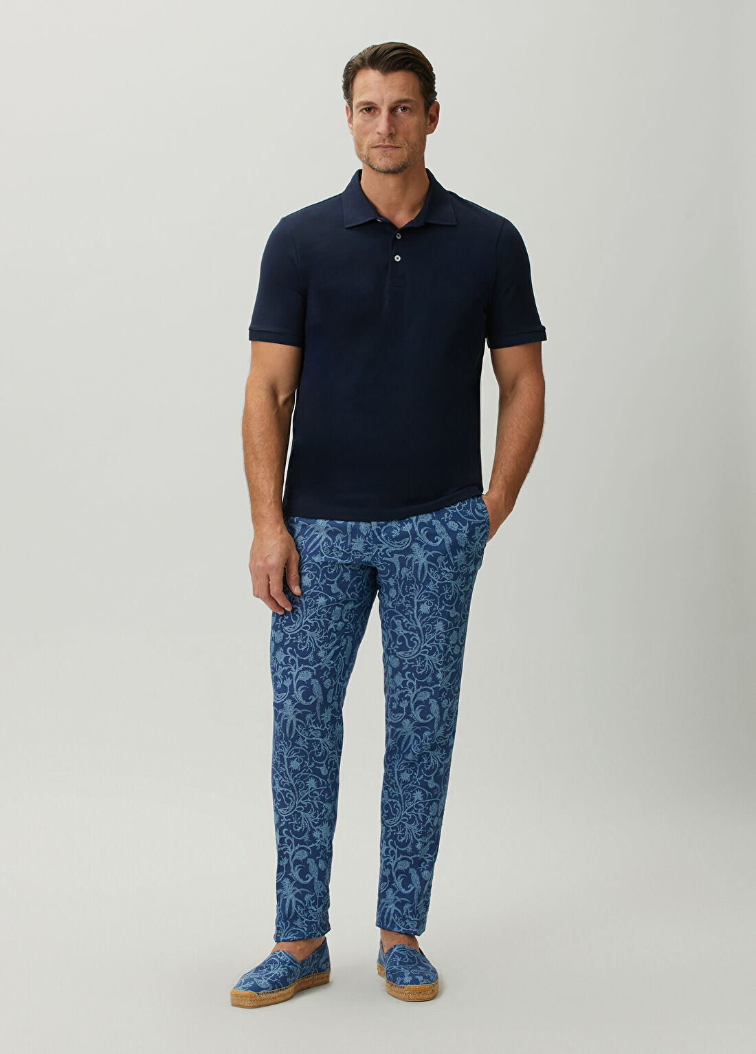 Kiton Mavi Etnik Desenli Keten Pantolon