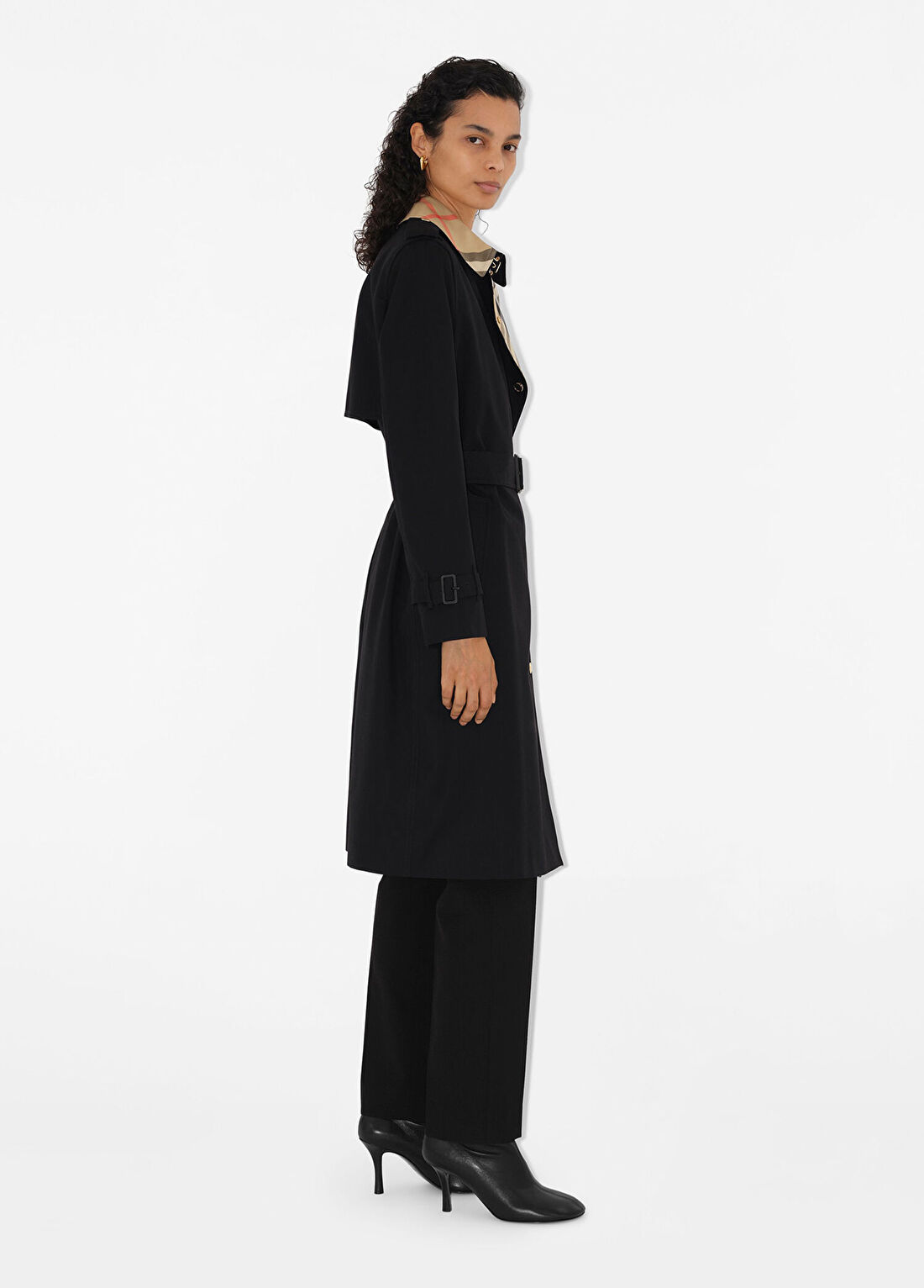 Burberry Sandridge Long Check Collar Gabardine Siyah Kadın Trençkot görsel 3