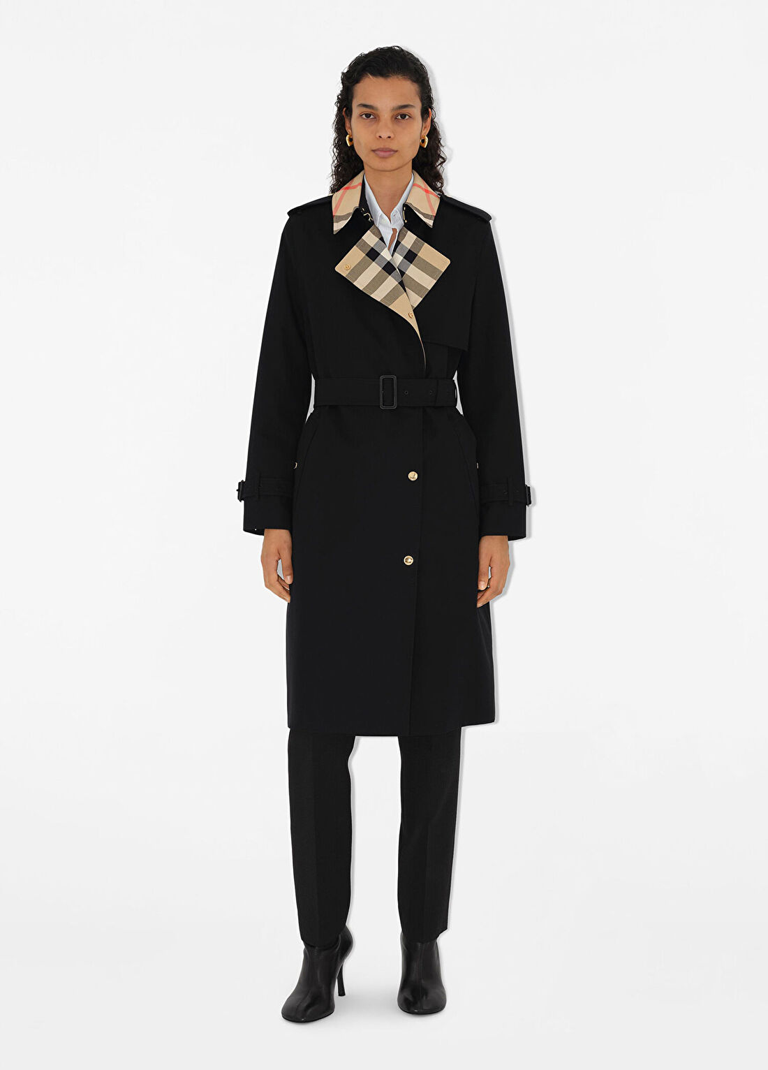 Burberry Sandridge Long Check Collar Gabardine Siyah Kadın Trençkot görsel 2