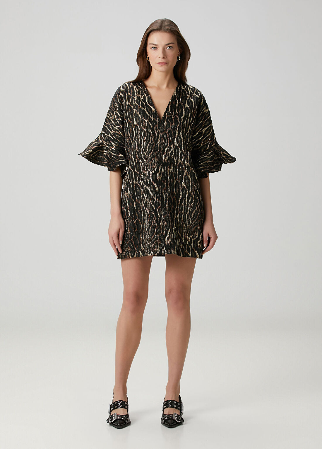 Ganni Bronz Leopar Desenli Mini Elbise