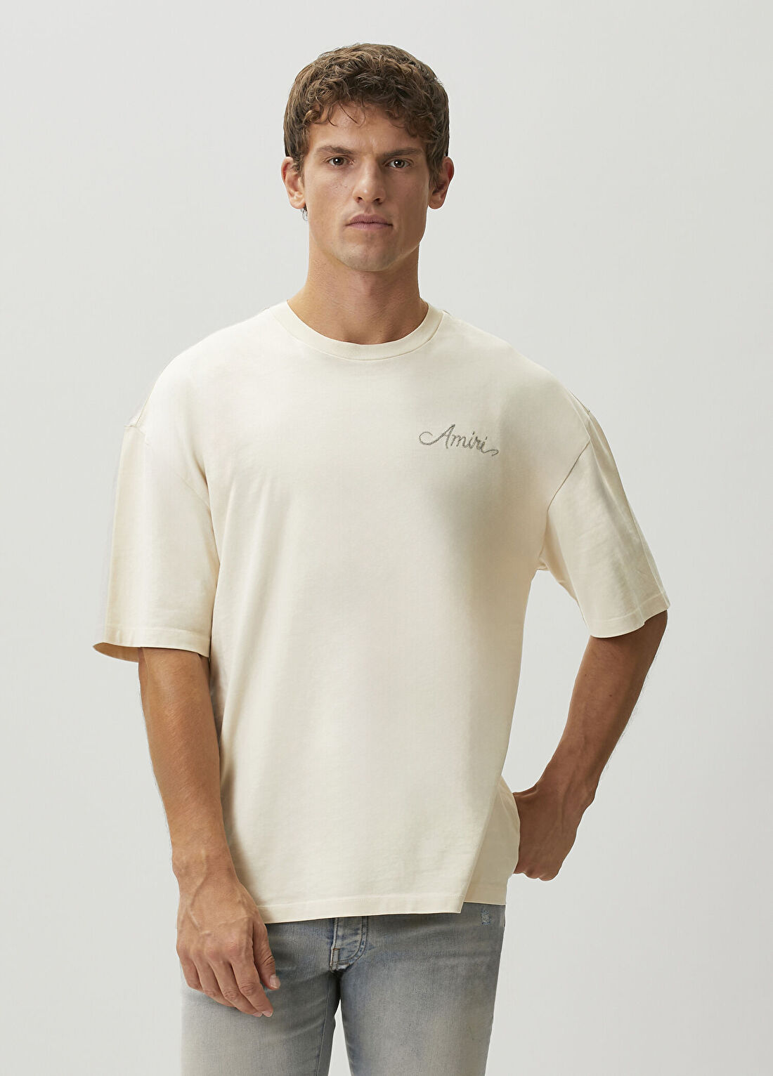 Amiri Bej Dama Desenli Aplikeli Oversize T-shirt