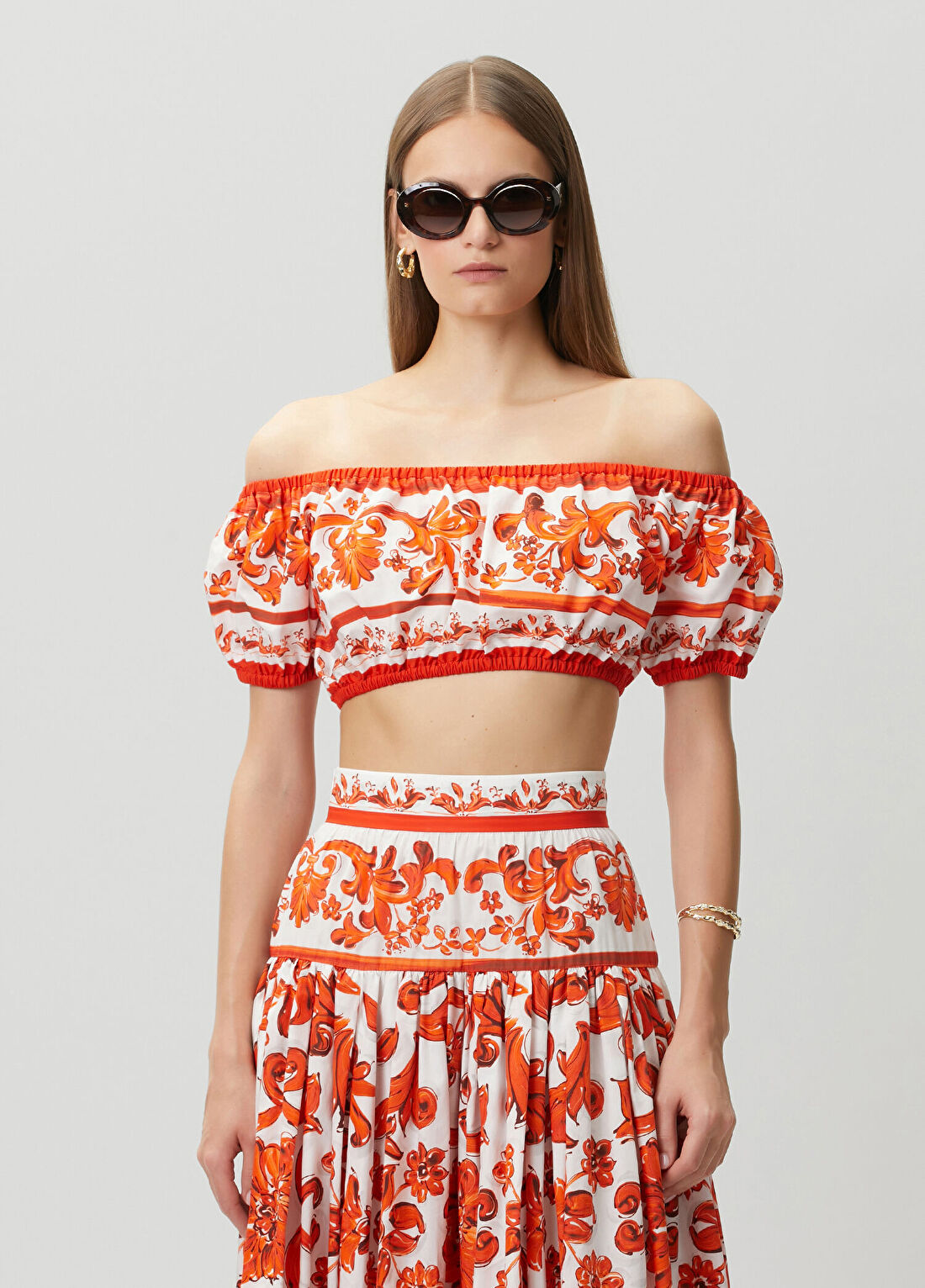 Dolce&Gabbana Turuncu Beyaz Desenli Crop Bluz