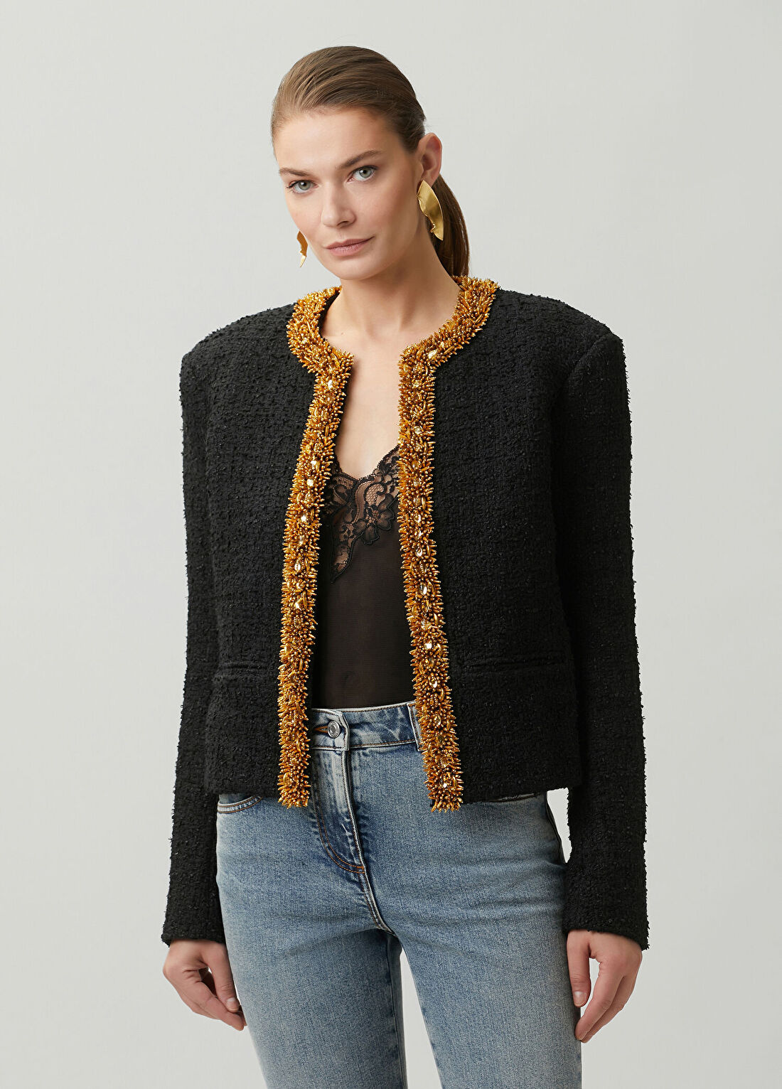 Balmain Siyah İşlemeli Tweed Ceket