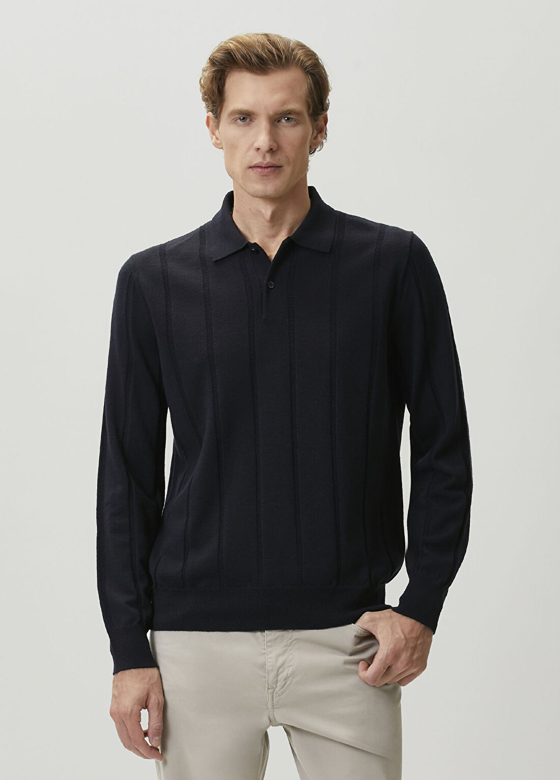 Canali Siyah Polo Yaka Jakarlı Yün Triko