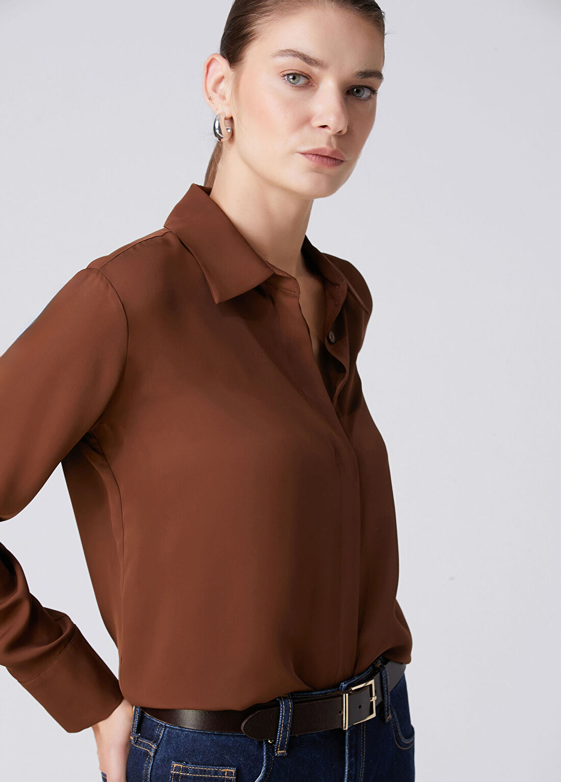 Beymen Collection Kahverengi İpek Gömlek görsel 2