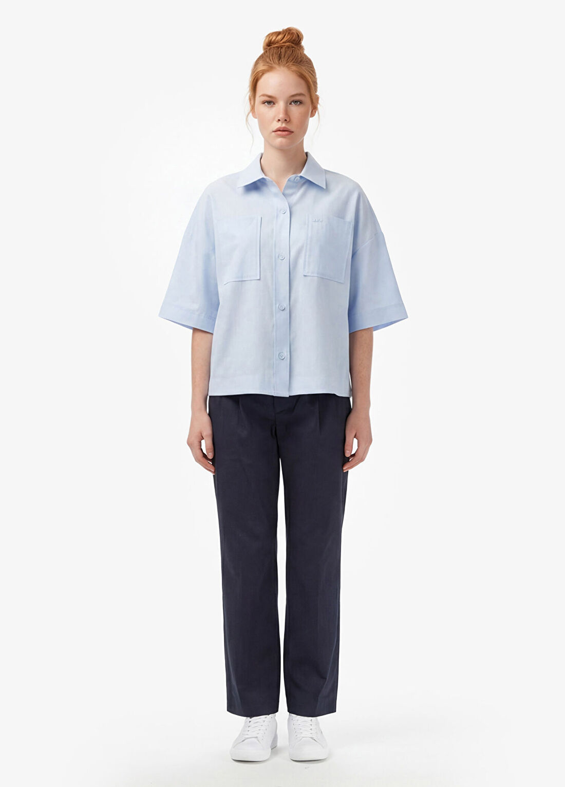 Lacoste Mavi Keten Relaxed Fit Truvakar Kollu Kadın Gömlek görsel 4