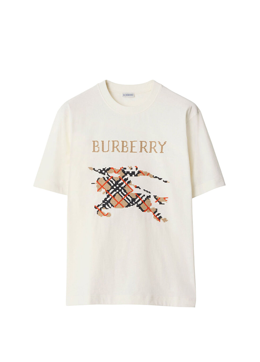 Burberry Ryan Cross Stitch Baskılı Beyaz Relaxed Fit Kısa Kollu Erkek T-Shirt
