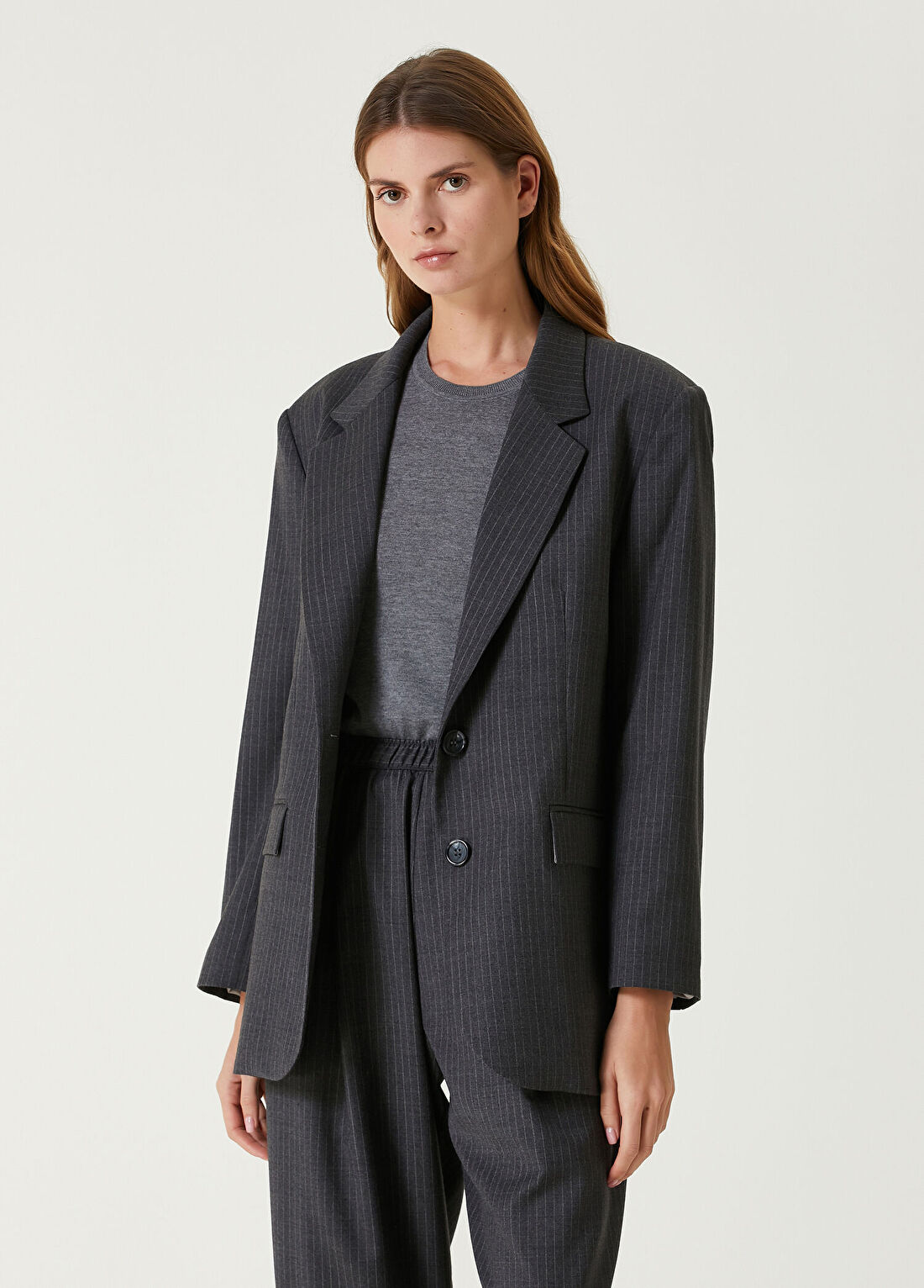Amour et Naturel Koyu Gri Çizgili Yün Blazer