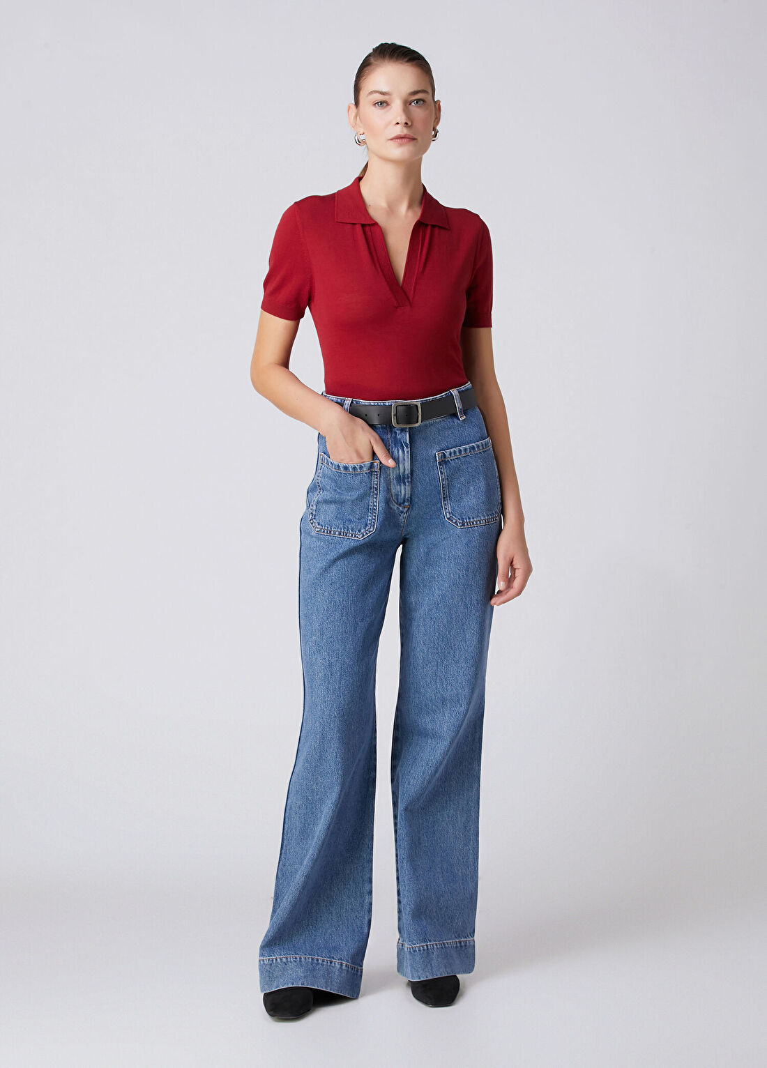 Beymen Collection Vişne Kısa Kol Yün Polo Triko görsel 3