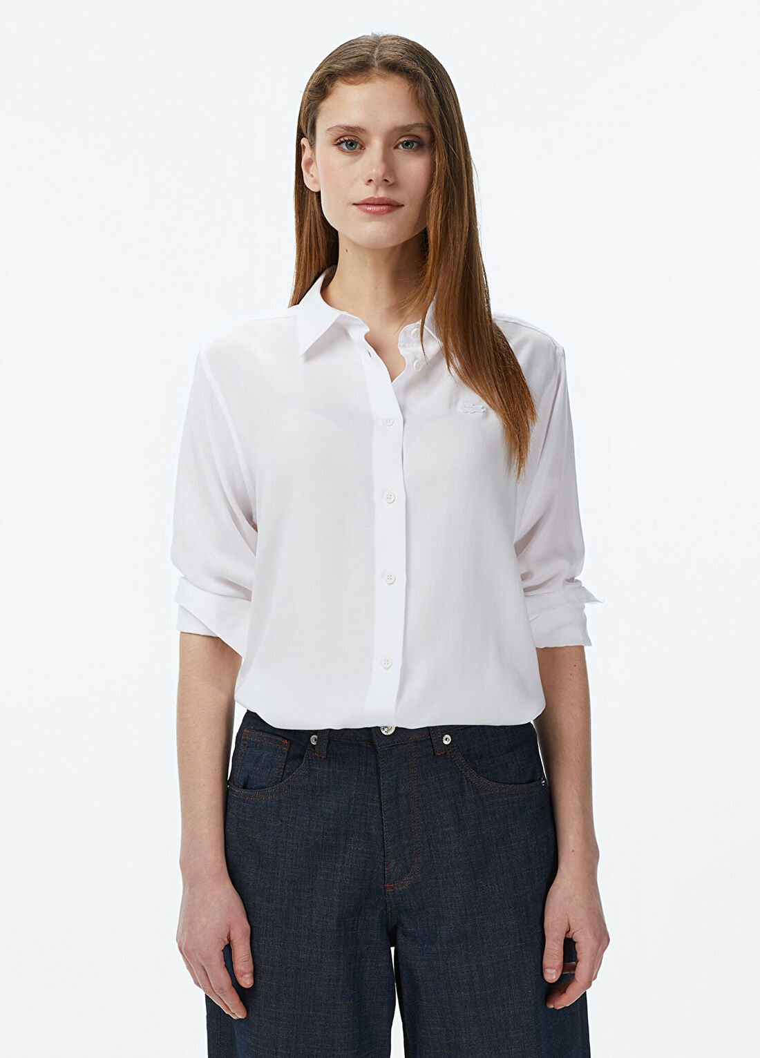 Lacoste Beyaz Liyosel Düğmeli Yaka Slim Fit Uzun Kollu Kadın Gömlek
