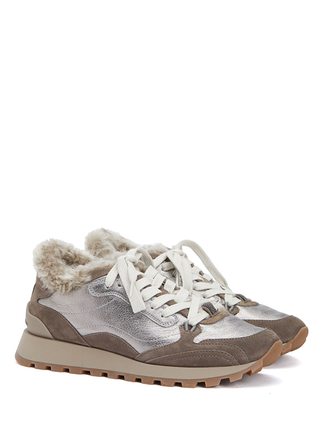 Brunello Cucinelli Koyu Bej Silver Kadın Deri Sneaker görsel 2