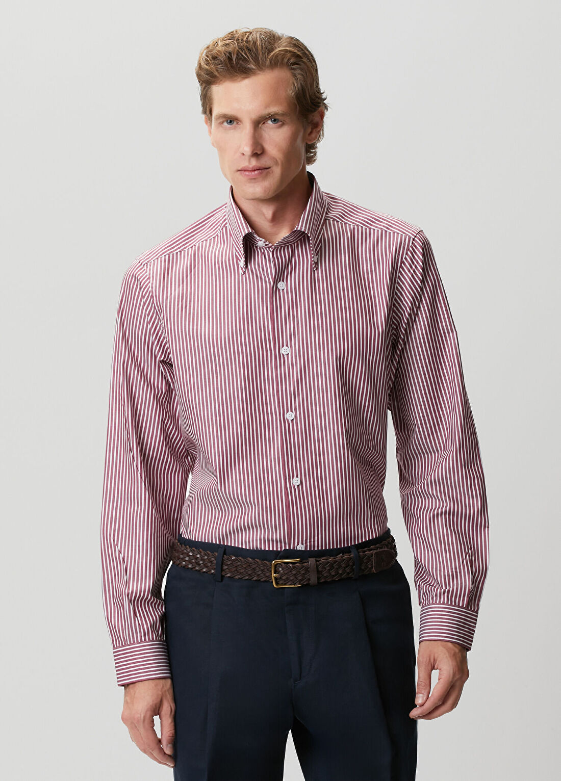 Beymen Collection Custom Fit Bordo Düğmeli Yaka Çizgi Desenli Gömlek
