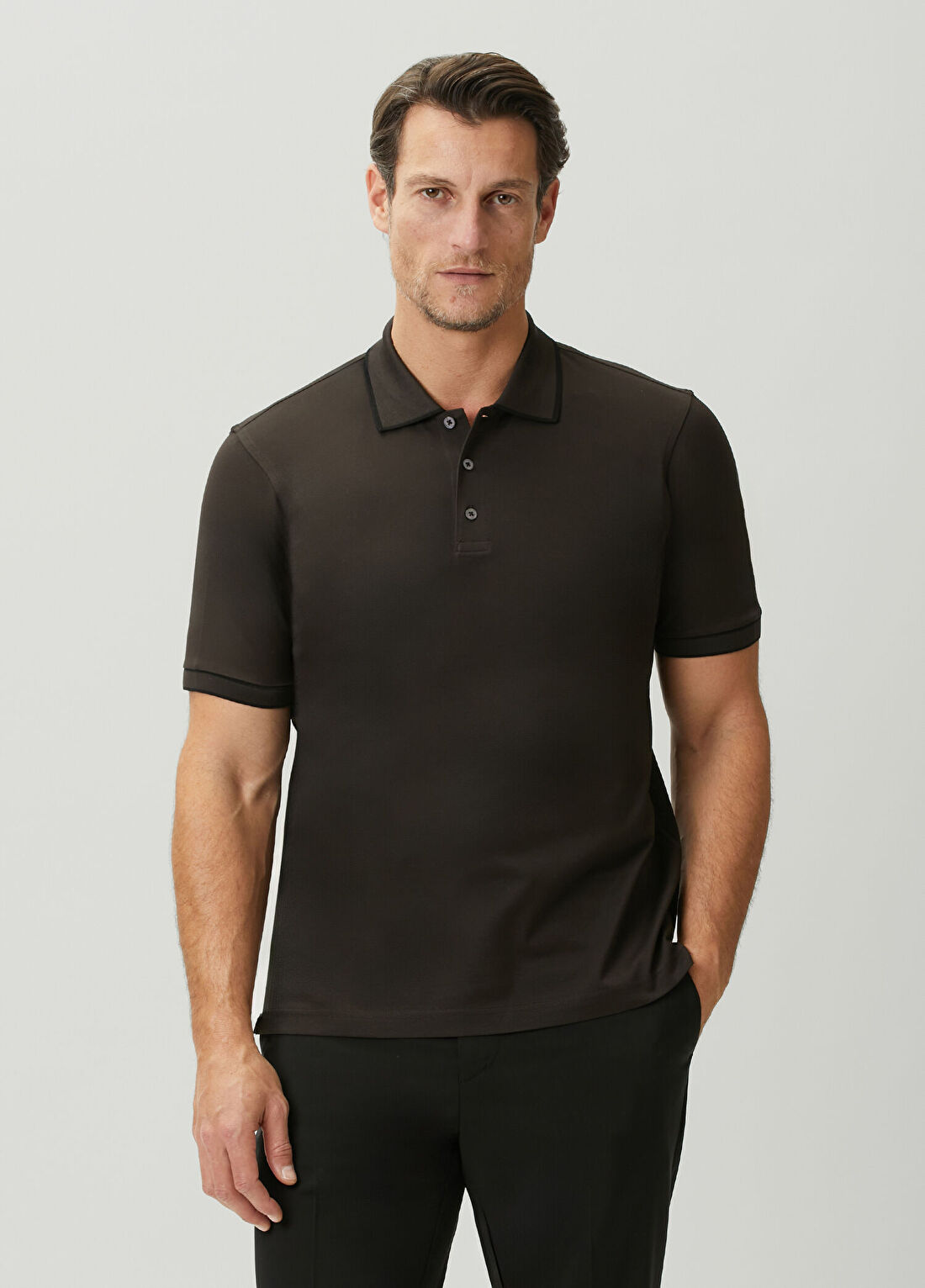 Beymen Collection Kahverengi Polo Yaka Çizgi Detaylı T-shirt