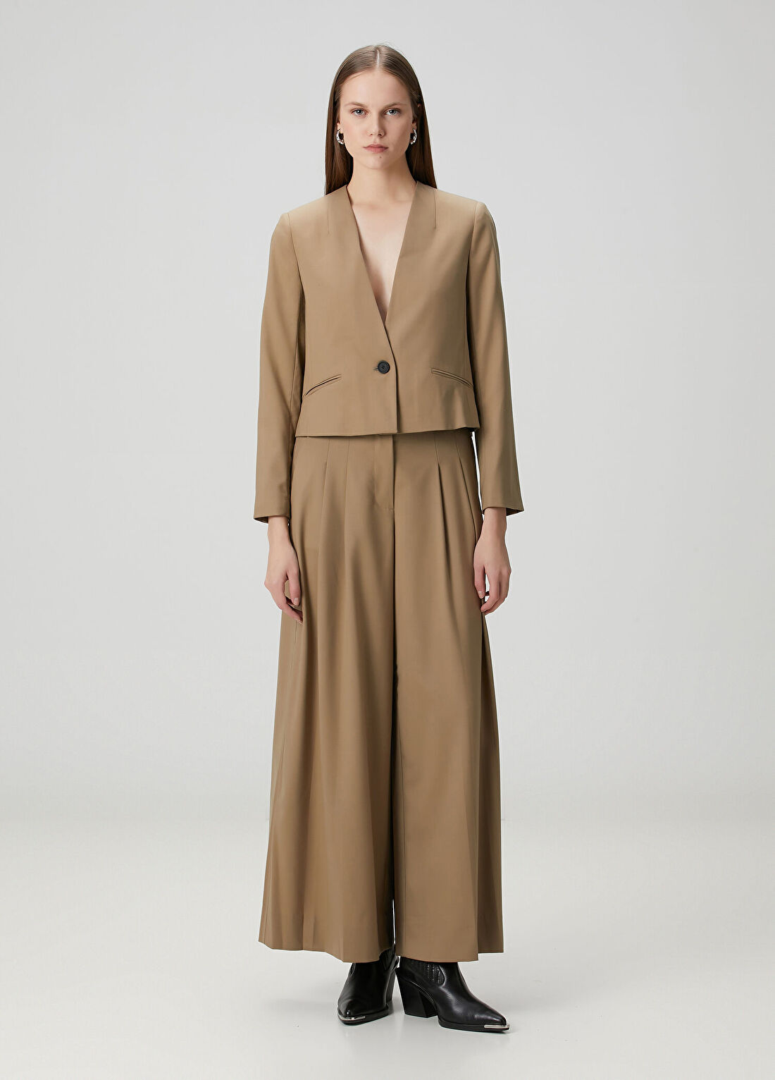 AllSaints Poppy Camel Wide Leg Yün Pantolon