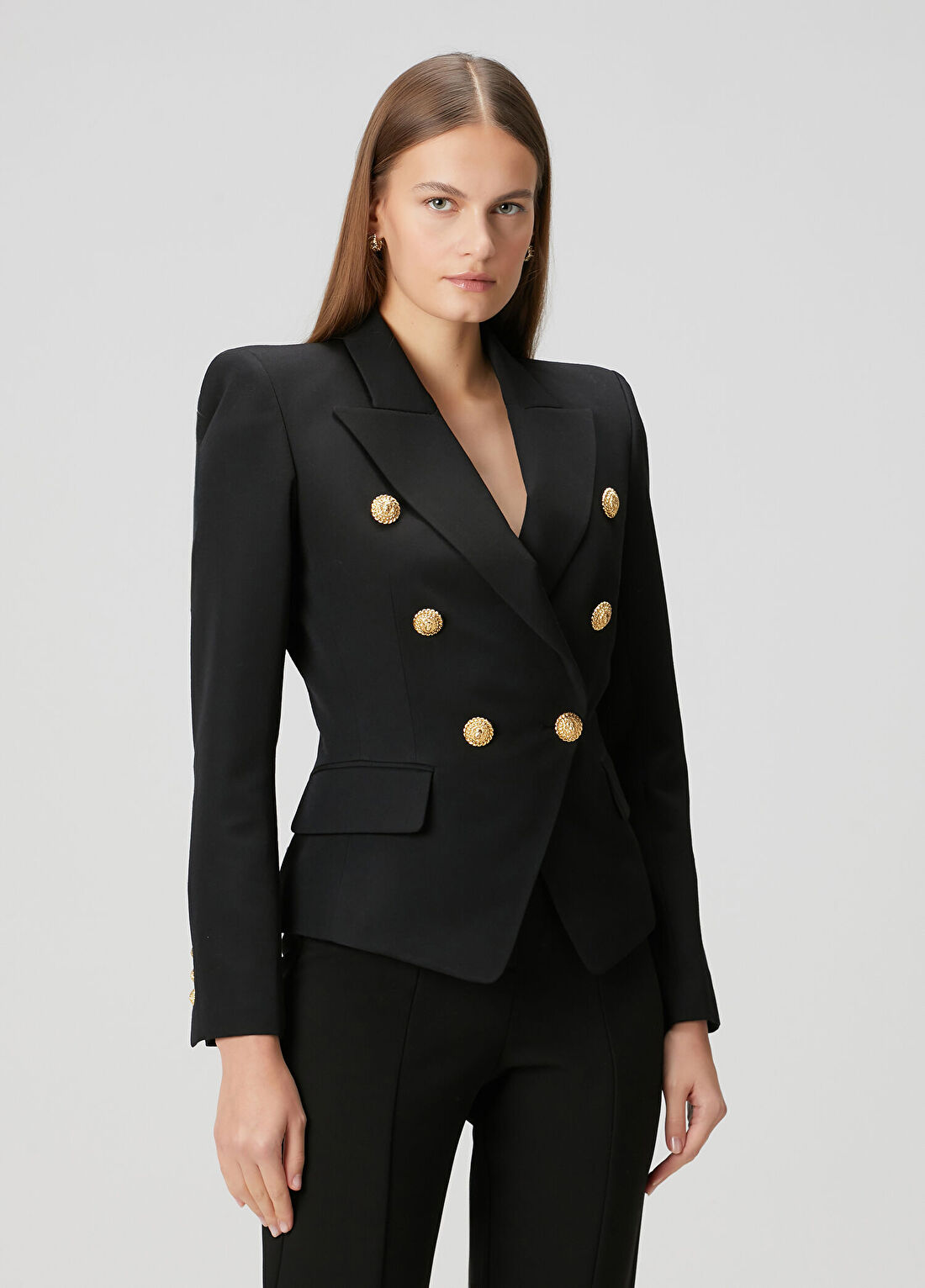 Balmain Fitted Siyah Kruvaze Yün Ceket