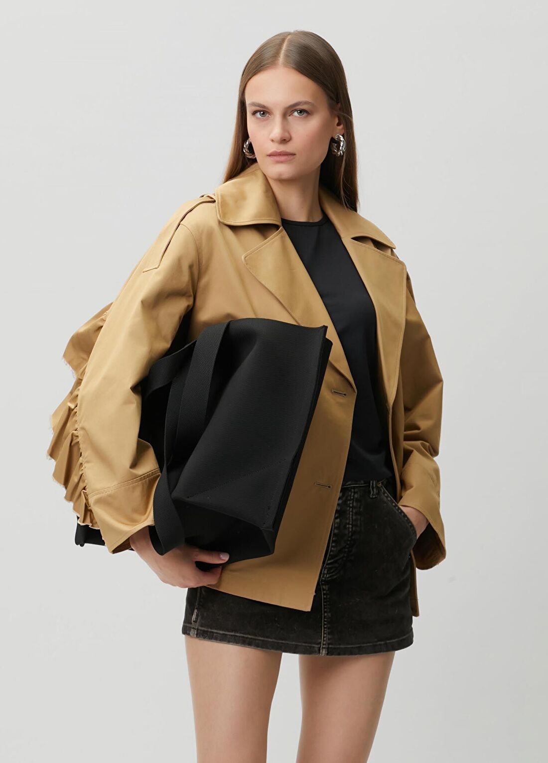AllSaints Connie Relaxed Fit Açık Kahve Kruvaze Pardösü