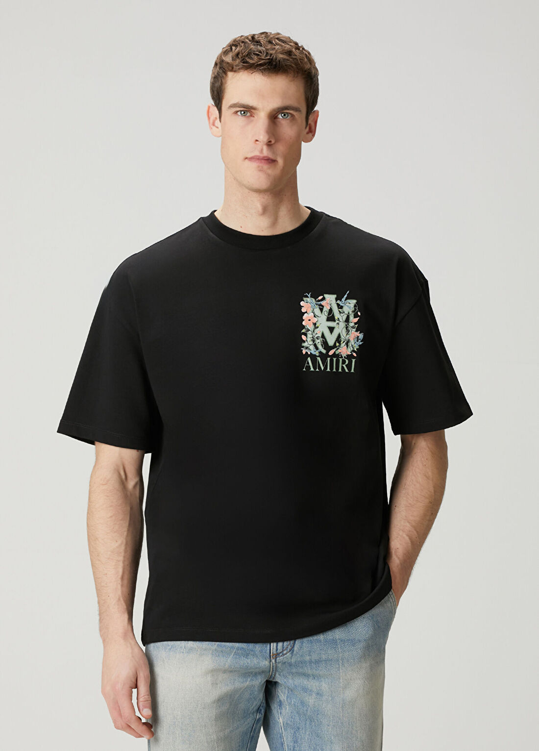 Amiri Siyah Çiçekli Logo Baskılı T-shirt