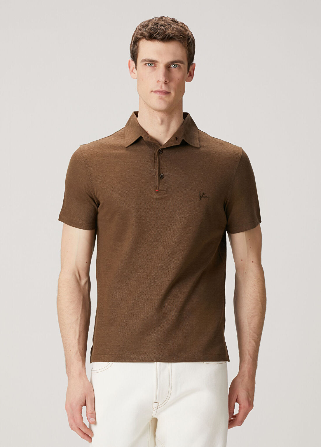 Isaia Kahverengi Polo Yaka Keten T-shirt