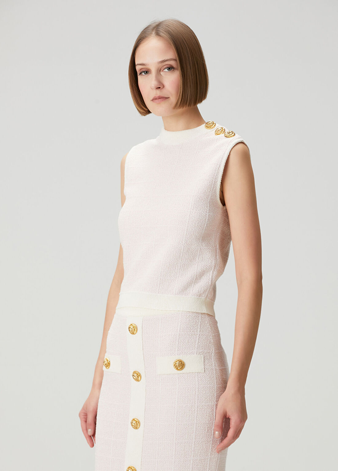 Balmain Açık Pembe Crop Tweed Bluz