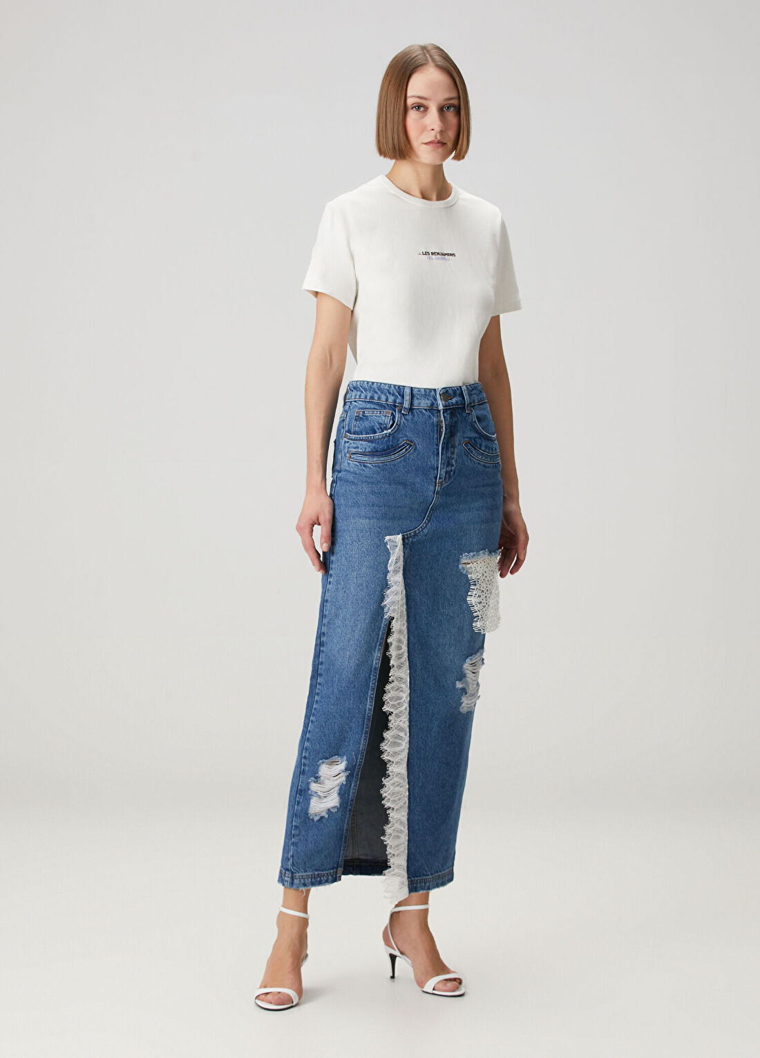 Les Benjamins Mavi Dantel Garnili Maksi Denim Etek