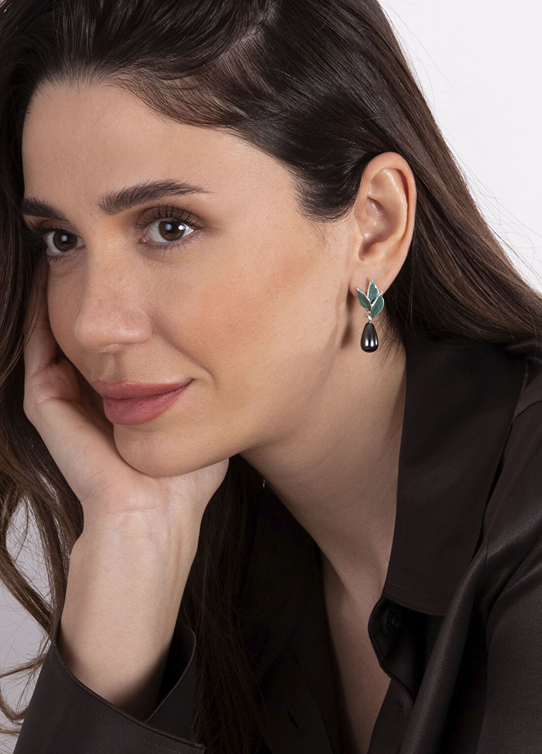 Ezra Baghaki Jewellery İncili Zeytin Yaprakları 925 Ayar Gümüş Kadın Küpe görsel 3
