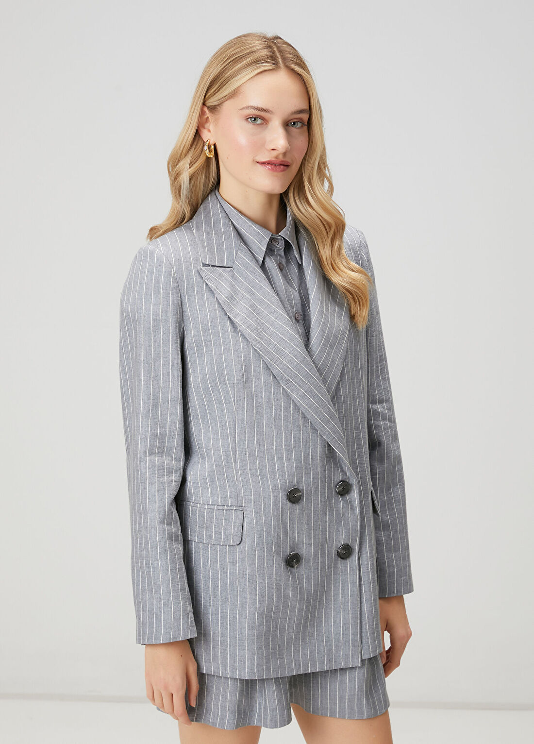 Beymen Club Gri Çizgili Kruvaze Blazer görsel 4