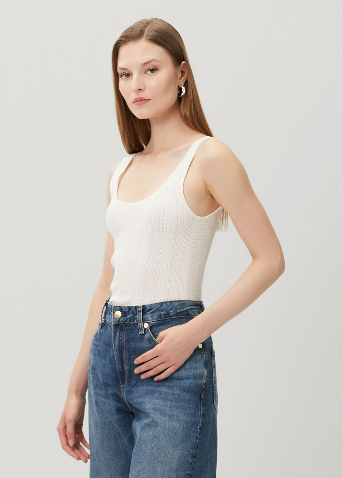 Tommy Hilfiger Summer Ekru Saç Örgü Triko Atlet