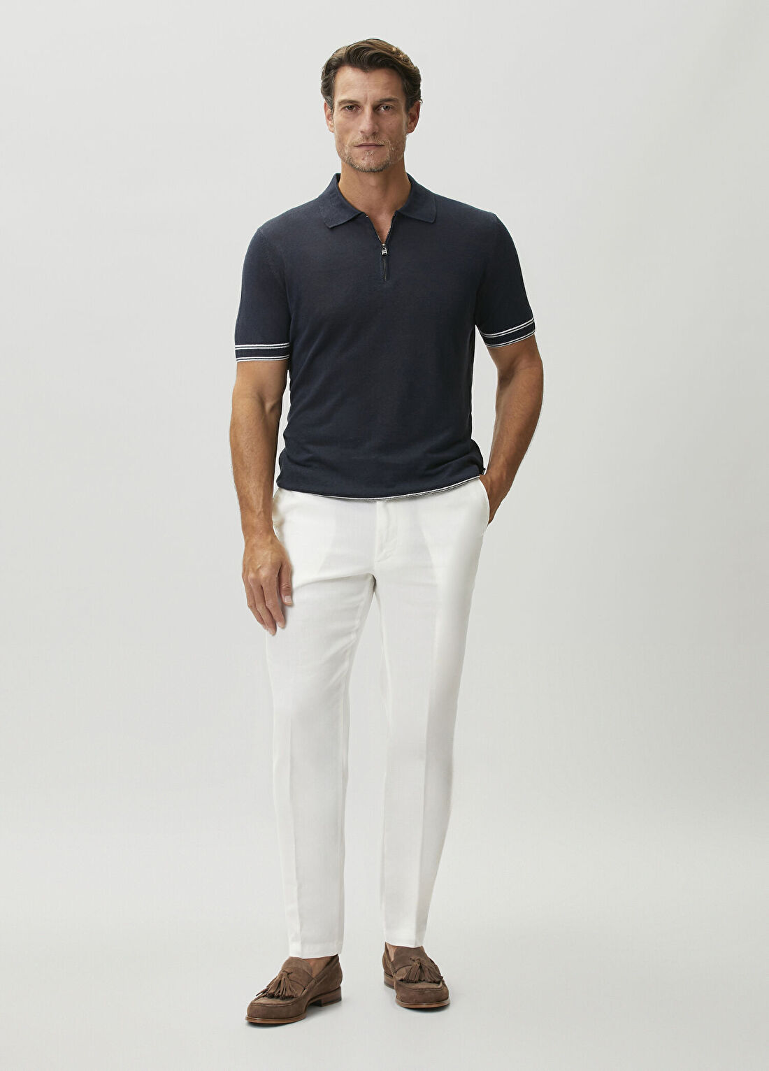 Boss Beyaz Beli Kordonlu Keten Pantolon