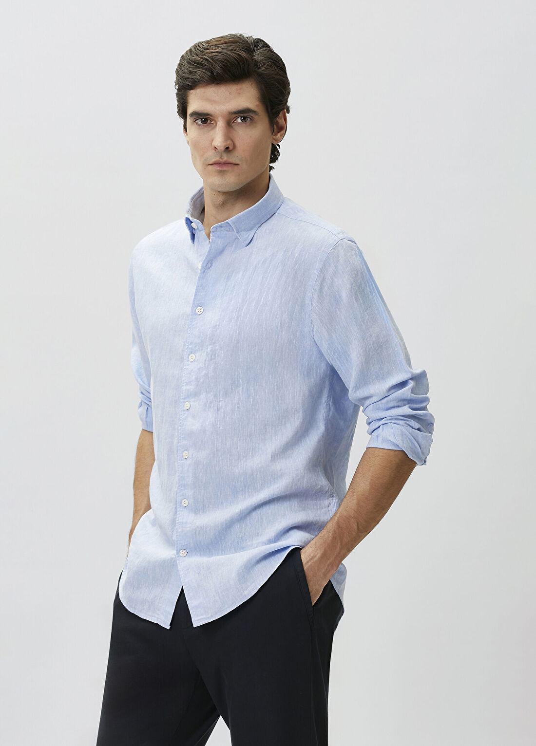 Network Slim Fit Açık Mavi Keten Gömlek görsel 4