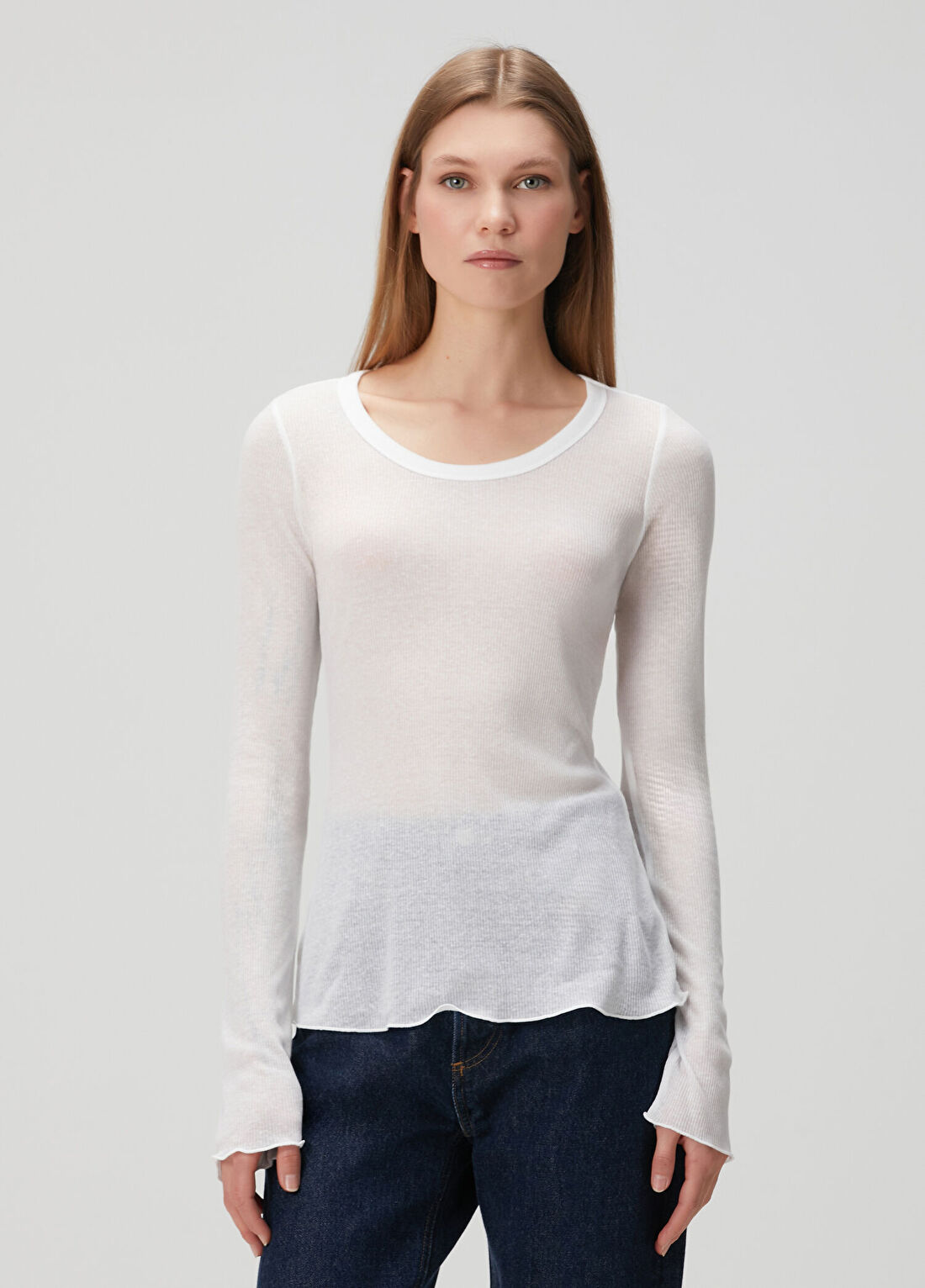 Skims Sheer Rib Beyaz Uzun Kollu T-shirt