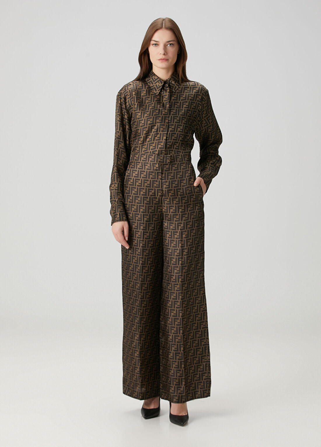 Fendi Kahverengi Logo Motifli İpek Pantolon
