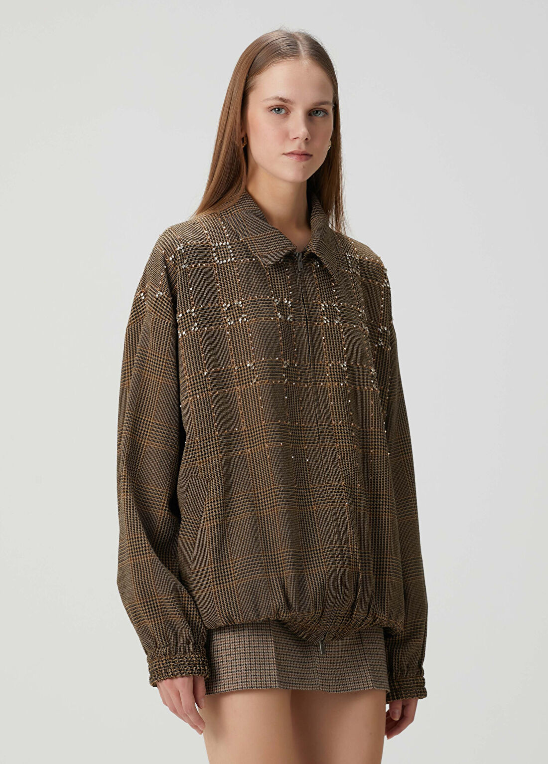 Golden Goose Bej Kahverengi Ekoseli Taşlı Yün Bomber Ceket görsel 3