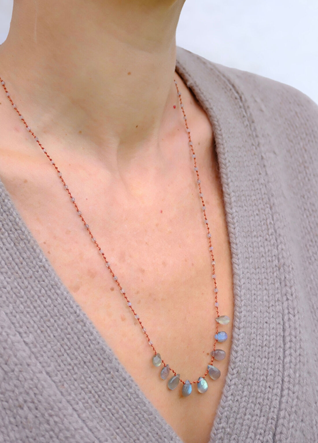 Ivarene 9-Drop Labradorite Gri Kadın Kolye görsel 2