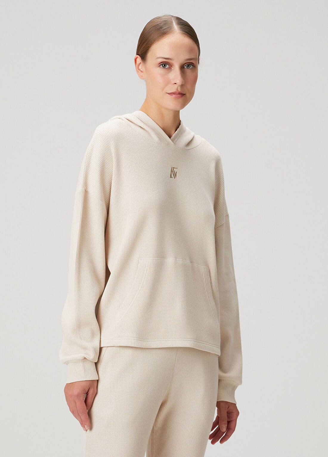Bassigue Waffle Bej Kapüşonlu Kadın Oversize Sweatshirt