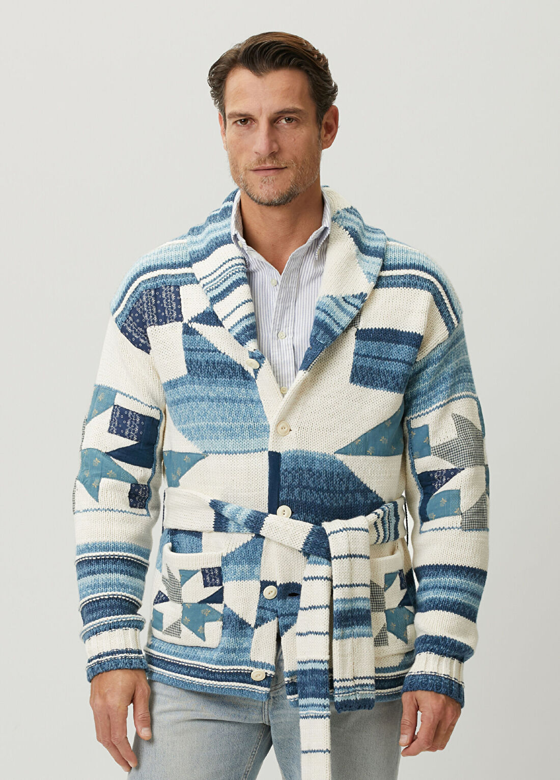 Polo Ralph Lauren Mavi Patchwork Jakarlı Triko Hırka
