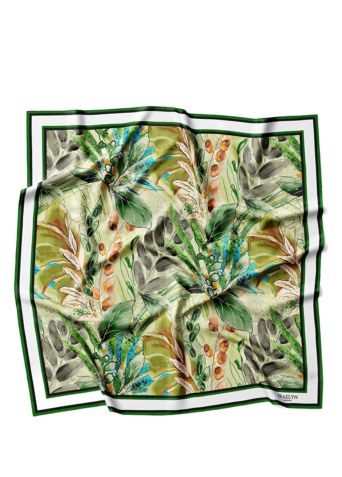 Braelyn London Verdant Oasis Yeşil Siyah Twill İpek Kadın Eşarp