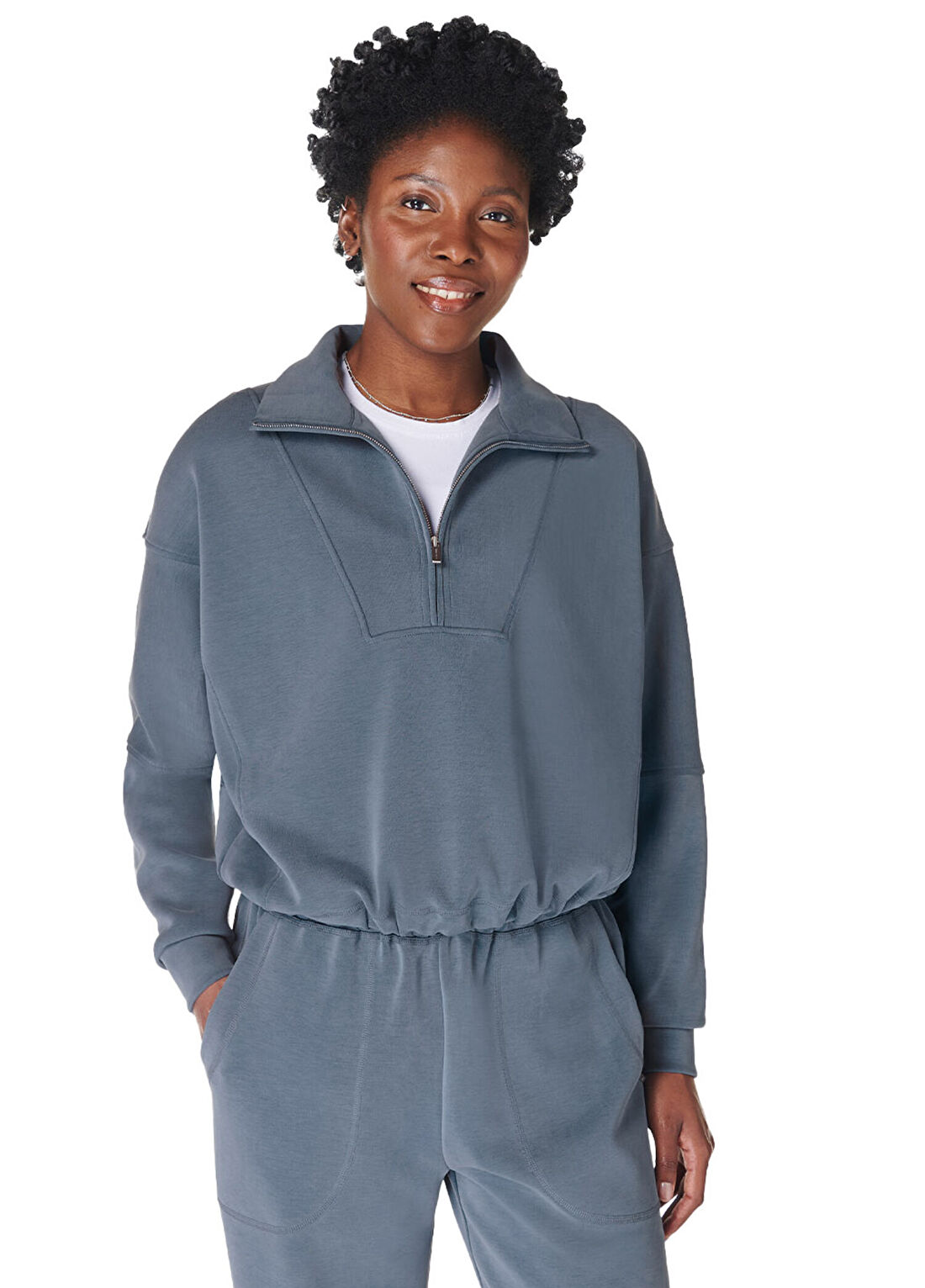 Sweaty Betty Sand Wash Funnel Neck Half Zip Mavi Kadın Sweatshirt görsel 2