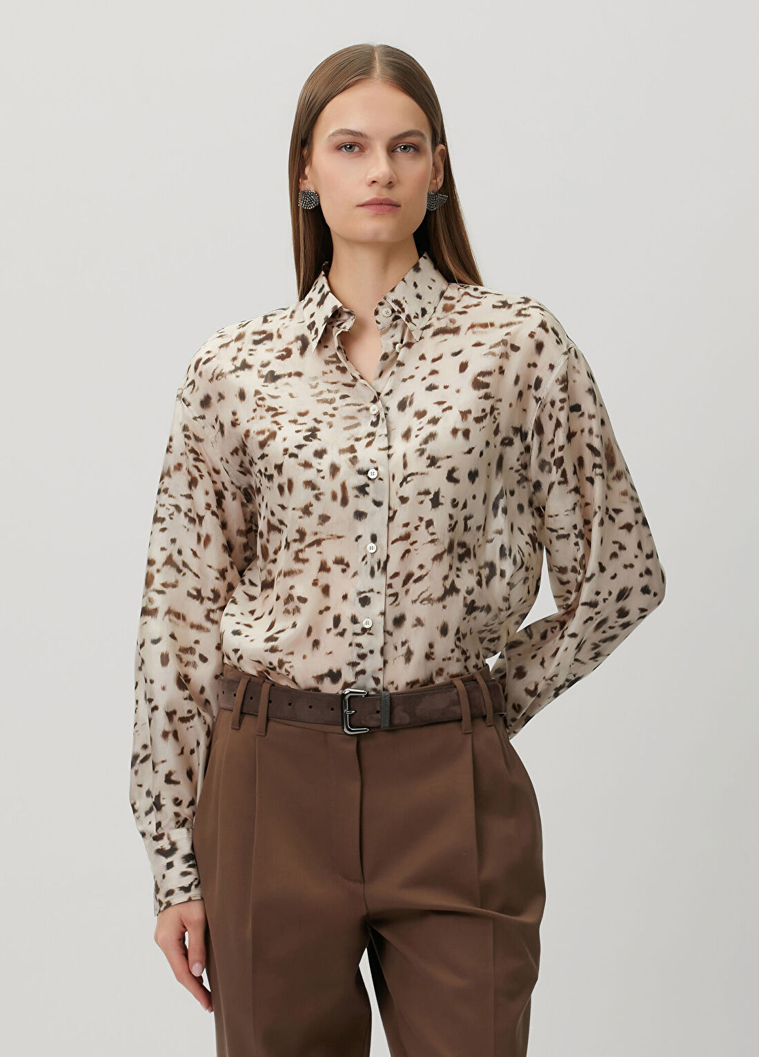Brunello Cucinelli Bej Leopar Desenli İpek Gömlek