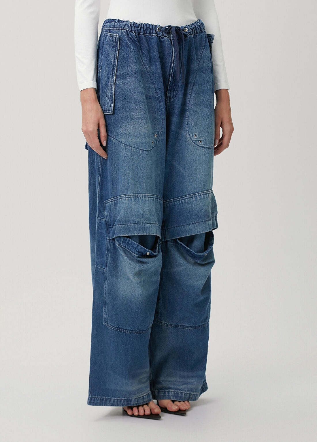 T by Alexander Wang Mavi Beli Kordonlu Kargo Jean Pantolon görsel 2