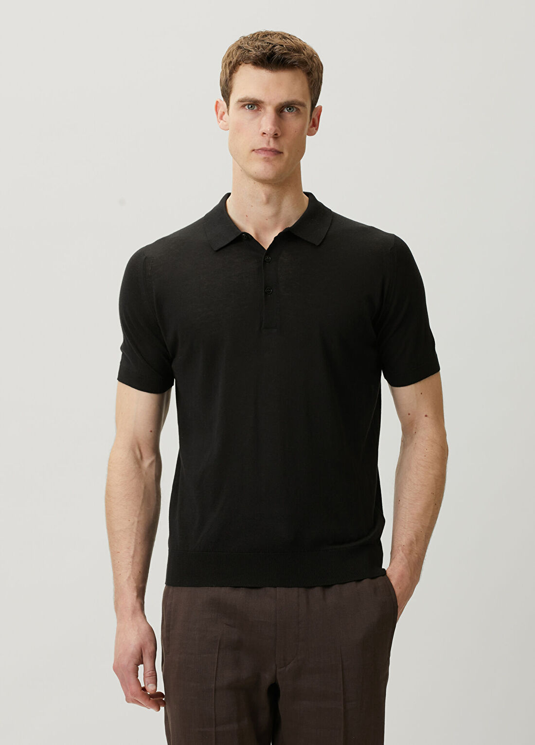 John Smedley Siyah Polo Yaka Kısa Kollu Triko