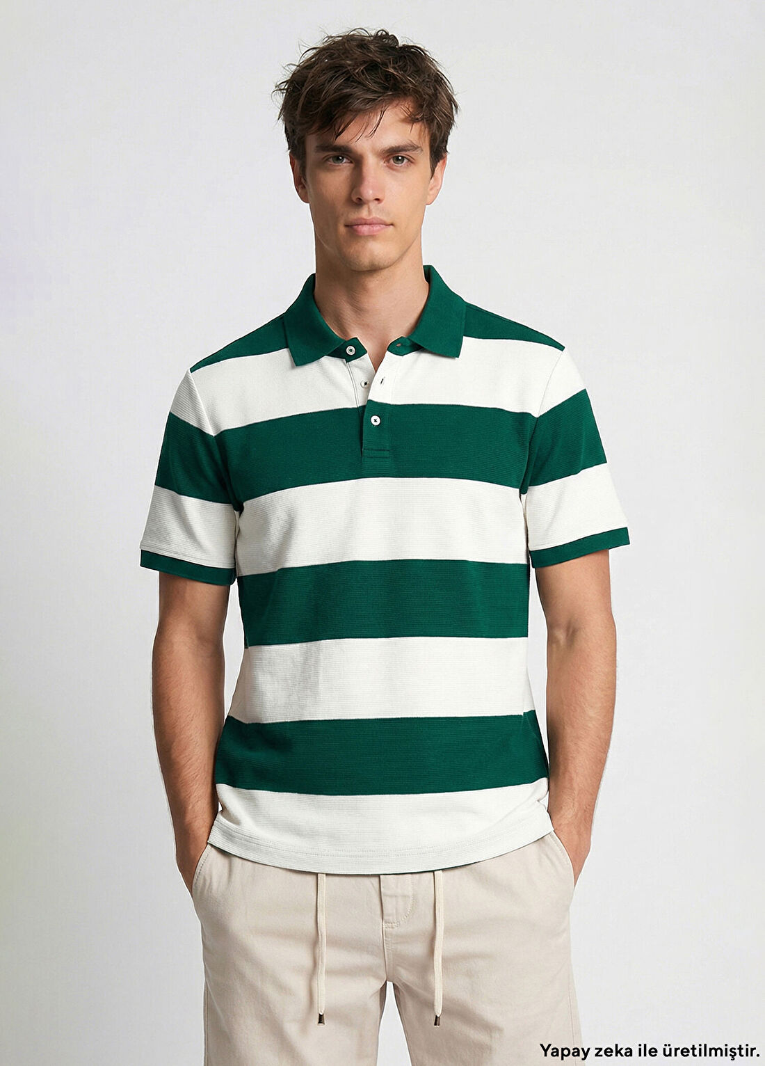 Network Yeşil Ekru Çizgili Polo Yaka T-Shirt