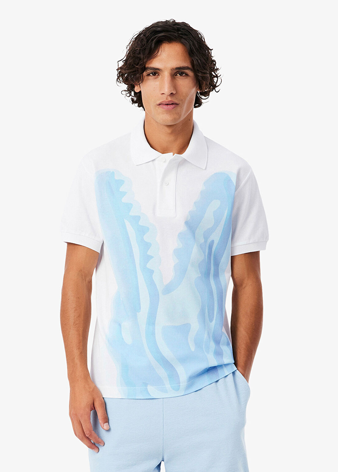 Lacoste Beyaz Baskılı Polo Yaka Classic Fit Kısa Kollu Erkek T-Shirt