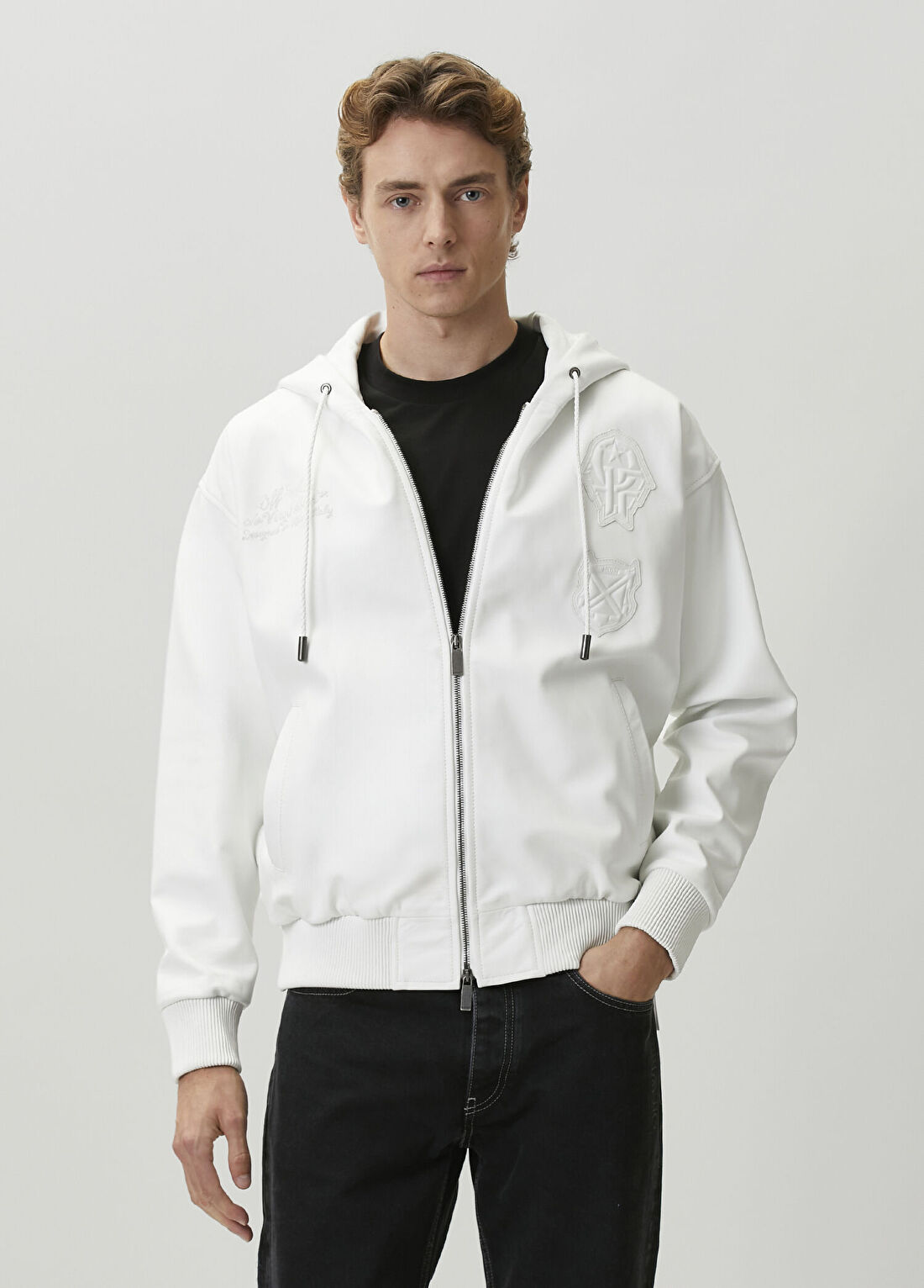 Off-White Beyaz Kapüşonlu Deri Ceket